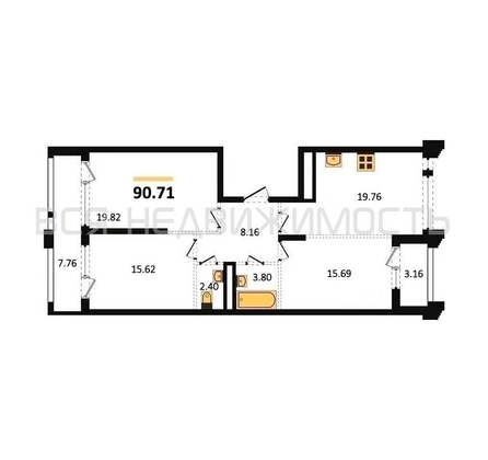 3-комнатная квартира, 90.71кв.м - изображение