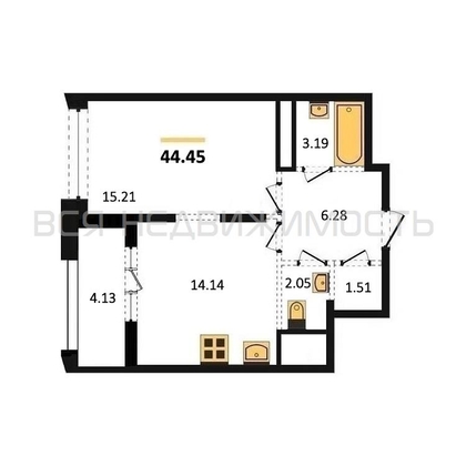 1-комнатная квартира, 44.45кв.м - изображение
