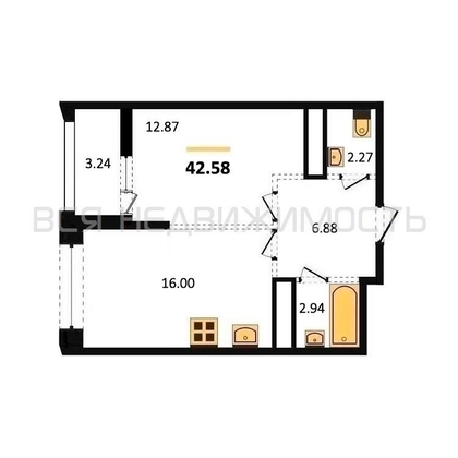 1-комнатная квартира, 42.58кв.м - изображение