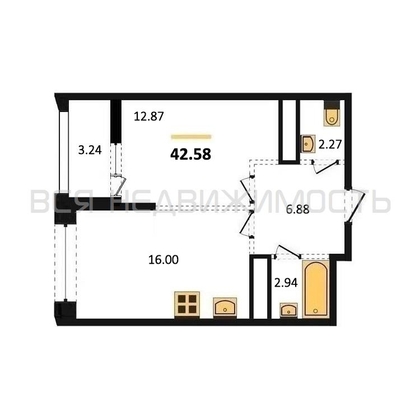 1-комнатная квартира, 42.58кв.м - изображение