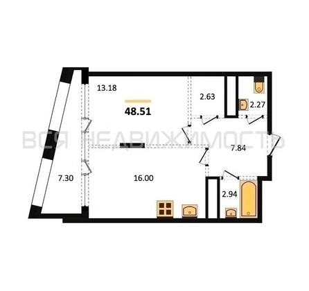 1-комнатная квартира, 48.51кв.м - изображение