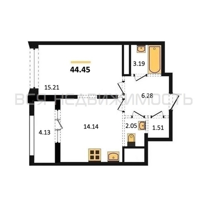1-комнатная квартира, 44.45кв.м - изображение