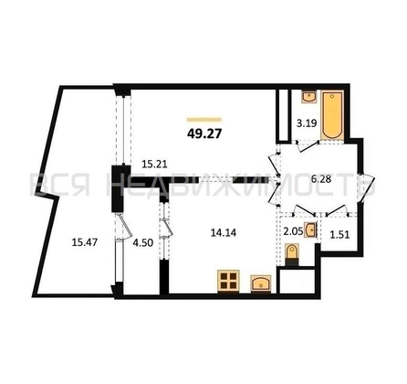 1-комнатная квартира, 49.27кв.м - изображение