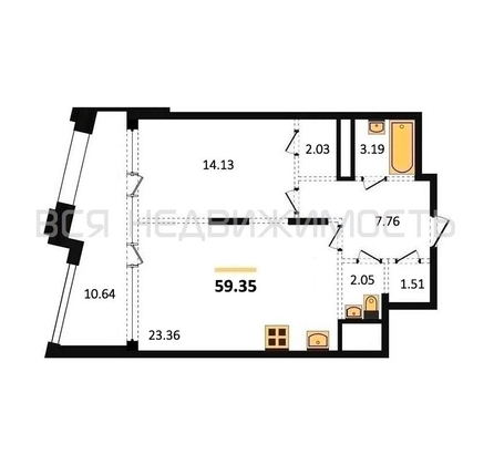 1-комнатная квартира, 59.35кв.м - изображение