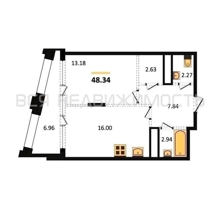1-комнатная квартира, 48.34кв.м - изображение