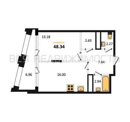 1-комнатная квартира, 48.34кв.м - изображение
