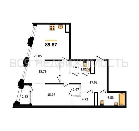 2-комнатная квартира, 89.87кв.м - изображение