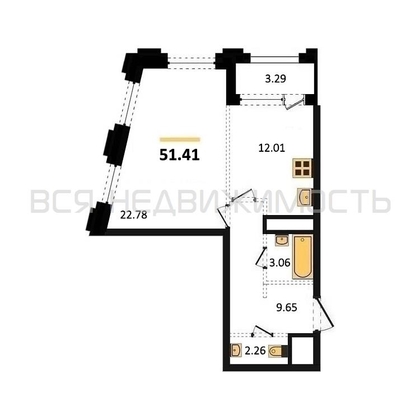 1-комнатная квартира, 51.41кв.м - изображение