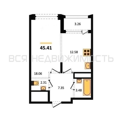 1-комнатная квартира, 45.41кв.м - изображение