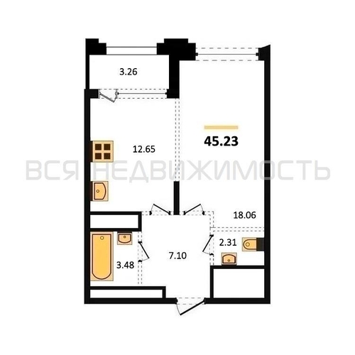 1-комнатная квартира, 45.23кв.м - изображение 0