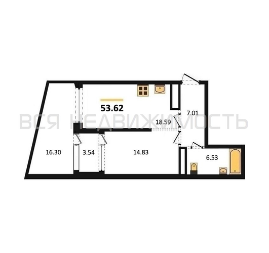 1-комнатная квартира, 53.62кв.м - изображение 0