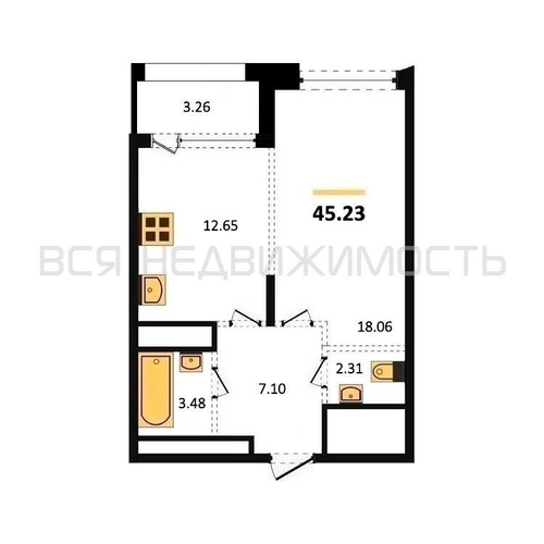 1-комнатная квартира, 45.23кв.м - изображение 0