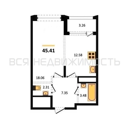 1-комнатная квартира, 45.41кв.м - изображение