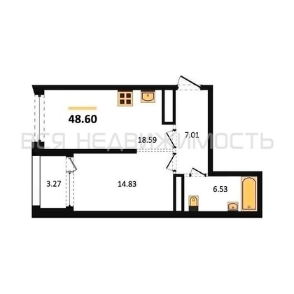 1-комнатная квартира, 48.6кв.м - изображение