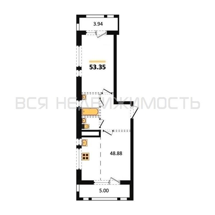 1-комнатная квартира, 53.35кв.м - изображение