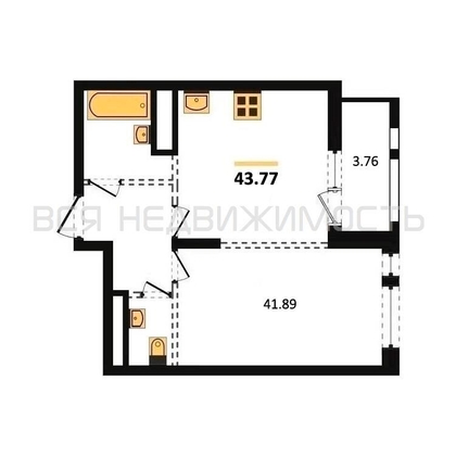 1-комнатная квартира, 43.77кв.м - изображение