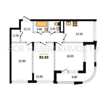 3-комнатная квартира, 83.93кв.м - изображение