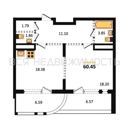 1-комнатная квартира, 60.45кв.м - изображение