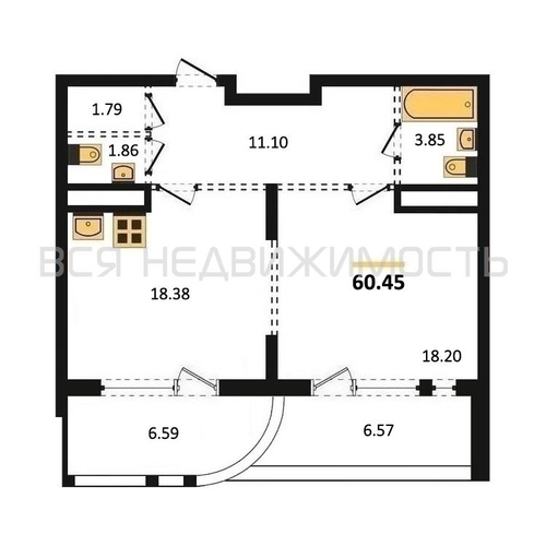 1-комнатная квартира, 60.45кв.м - изображение 0