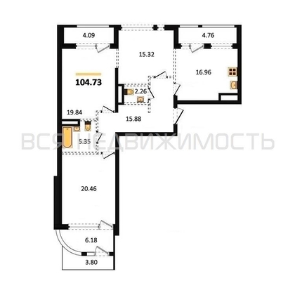 3-комнатная квартира, 104.73кв.м - изображение