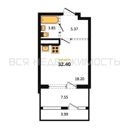 квартира-студия, 32,4кв.м. - изображение
