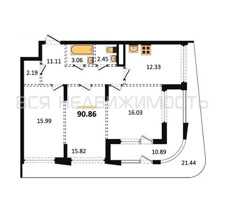3-комнатная квартира, 90.86кв.м - изображение