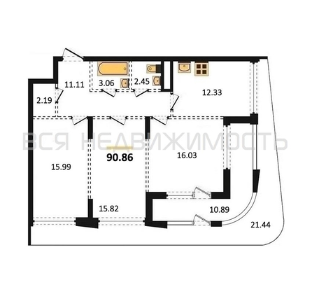3-комнатная квартира, 90.86кв.м - изображение