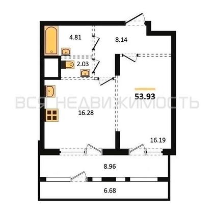 1-комнатная квартира, 53.93кв.м - изображение