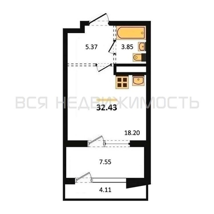 квартира-студия, 32,43кв.м. - изображение