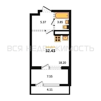 квартира-студия, 32,43кв.м. - изображение
