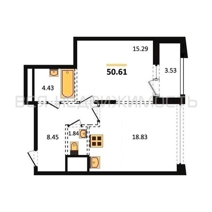 1-комнатная квартира, 50.61кв.м - изображение