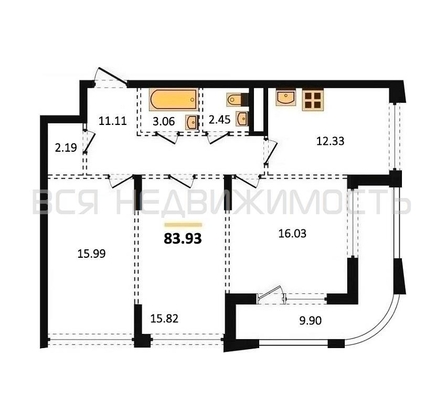 3-комнатная квартира, 83.93кв.м - изображение