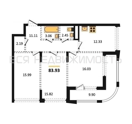3-комнатная квартира, 83.93кв.м - изображение