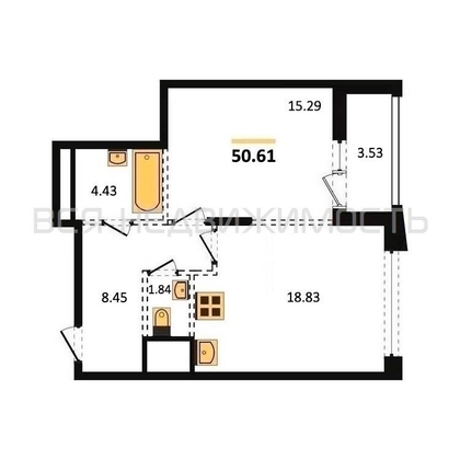 1-комнатная квартира, 50.61кв.м - изображение