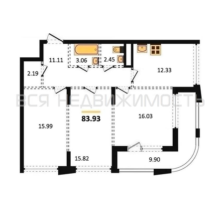 3-комнатная квартира, 83.93кв.м - изображение