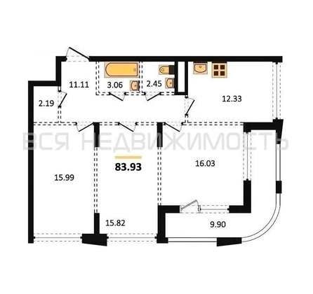 3-комнатная квартира, 83.93кв.м - изображение