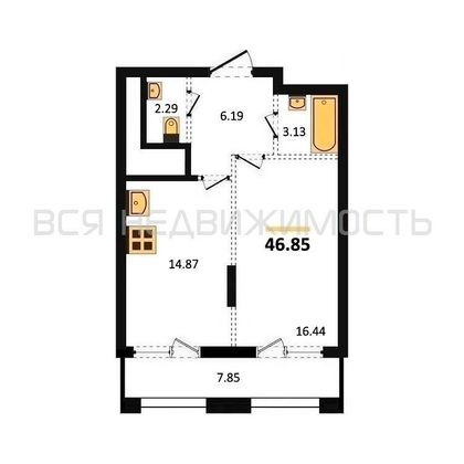 1-комнатная квартира, 46.85кв.м - изображение