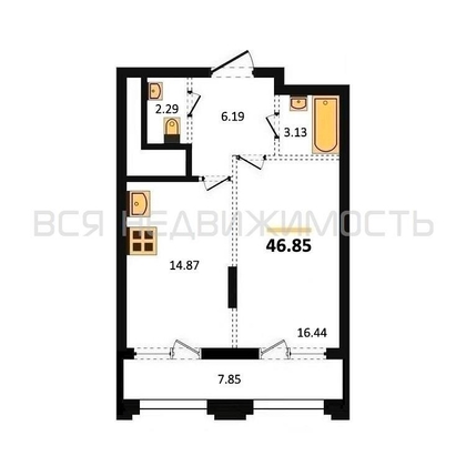 1-комнатная квартира, 46.85кв.м - изображение