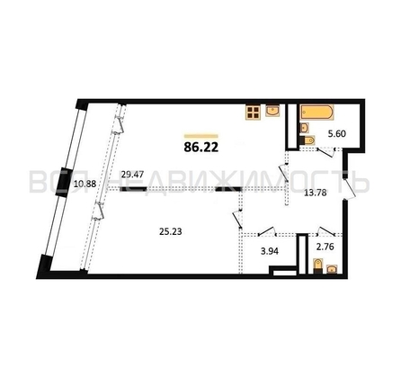 1-комнатная квартира, 86.22кв.м - изображение