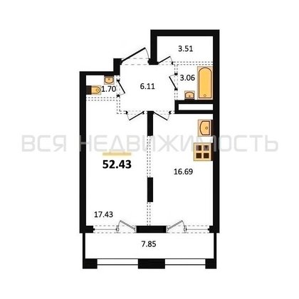 1-комнатная квартира, 52.43кв.м - изображение