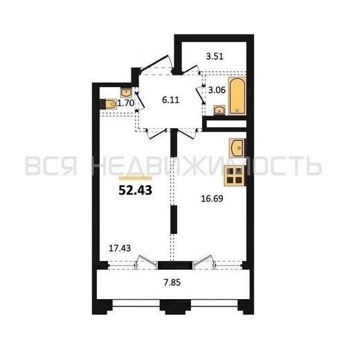 1-комнатная квартира, 52.43кв.м - изображение 0