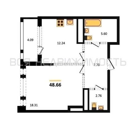 1-комнатная квартира, 48.66кв.м - изображение