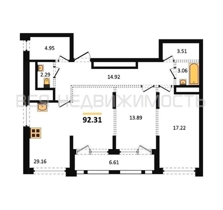 2-комнатная квартира, 92.31кв.м - изображение