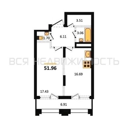 1-комнатная квартира, 51.96кв.м - изображение