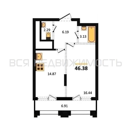 1-комнатная квартира, 46.38кв.м - изображение