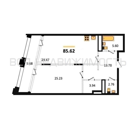 1-комнатная квартира, 85.62кв.м - изображение