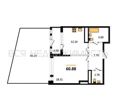 1-комнатная квартира, 60.88кв.м - изображение