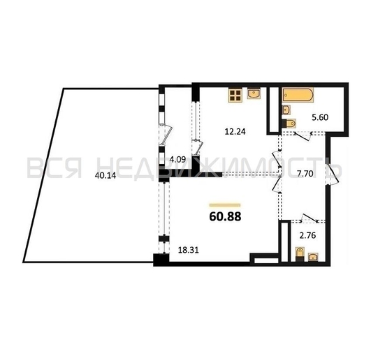1-комнатная квартира, 60.88кв.м - изображение 0