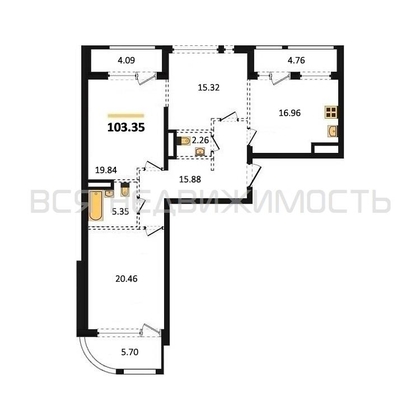 3-комнатная квартира, 103.35кв.м - изображение