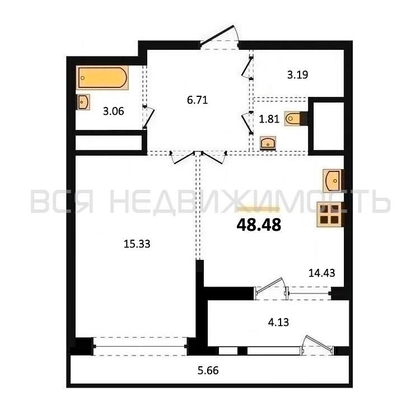1-комнатная квартира, 48.48кв.м - изображение